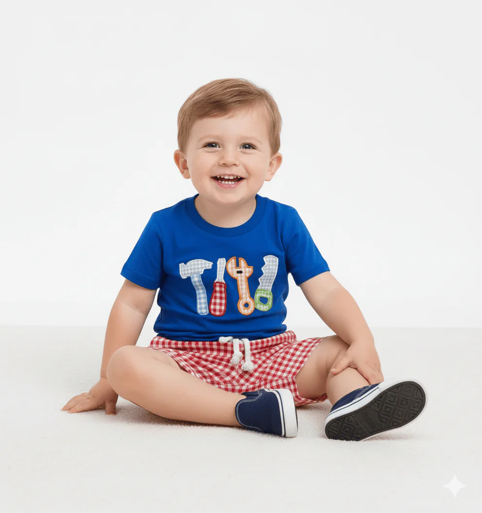 Tool Embroidery T-Shirt & Plaid Shorts Set - Image 2